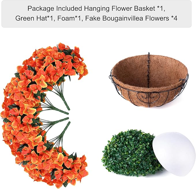 Artificial Hanging Flowers Basket for Outdoors Fall Plants Decoration, Fake Silk Bougainvillea Flowers in Planter Look Real UV Resistant Faux Flower for Outside Porch Patio Garden Yard Home Decor