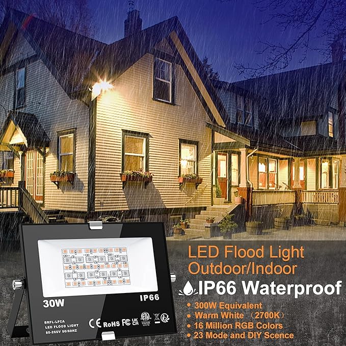 LED Flood Lights RGB Color Changing 300W Equivalent Outdoor, 30W Bluetooth Smart RGB Floodlight APP Control, IP66 Waterproof, Timing, 2700K&16 Million Colors 23 Modes for Garden Stage Lighting