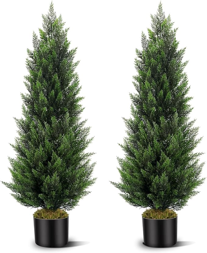 Artificial Topiary Cedar Trees 4FT Tall 2 Set, Outdoor Indoor Faux Pine Shrubs Plants, Realistic Fake Plants Front Porch Decor, Artificial Bushes Cypress for Home Front Door Offices