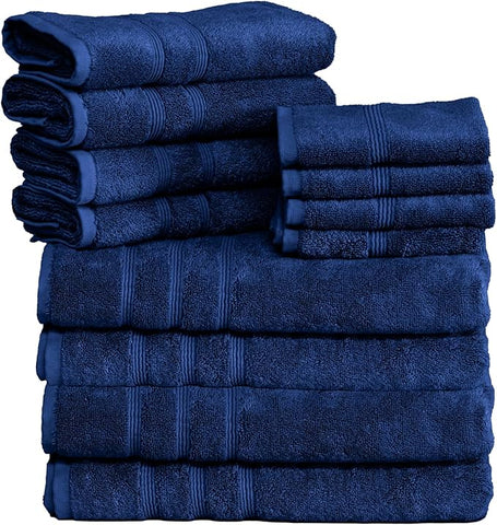 Mosobam Luxury Turkish 12pc Towel Set 30X58 16X30 13X13 Navy Blue 700 GSM Bamboo Viscose & Aegean Turkish Combed Cotton