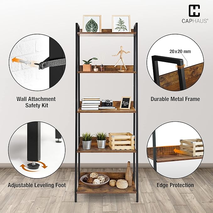 CAPHAUS 5 Tier Ladder Bookshelf, 24 Inch Width Free Standing Shelf, Bookcase Shelf Storage Rack Organizer, Industrial Book Shelves for Home Office, Living Room, Kitchen, Rustic Oak, Vintage Shelves