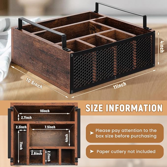 Wooden Paper Plate Dispenser Utensil Holder Kitchen Counter Cutlery Flatware Organizer for Party Utensil Caddy Paper Plate Holder for Cups Spoons Forks Napkins, Kitchen Accessories