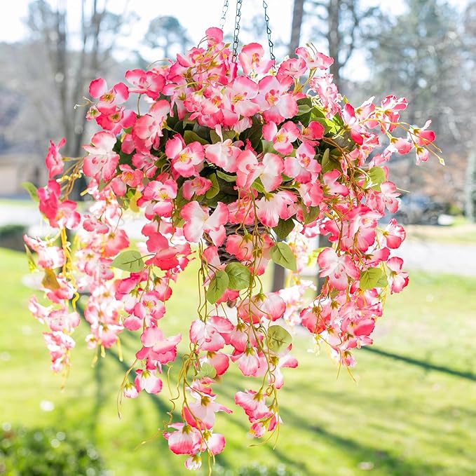 Ivydale Artificial Faux Hanging Flowers Plant Baskets for Outdoors Decoration, Fake Hibiscus UV Resistance Realistic Silk Flower for Outside Home Patio Porch Balcony Garden Wedding (H-Pink, Hibiscus)