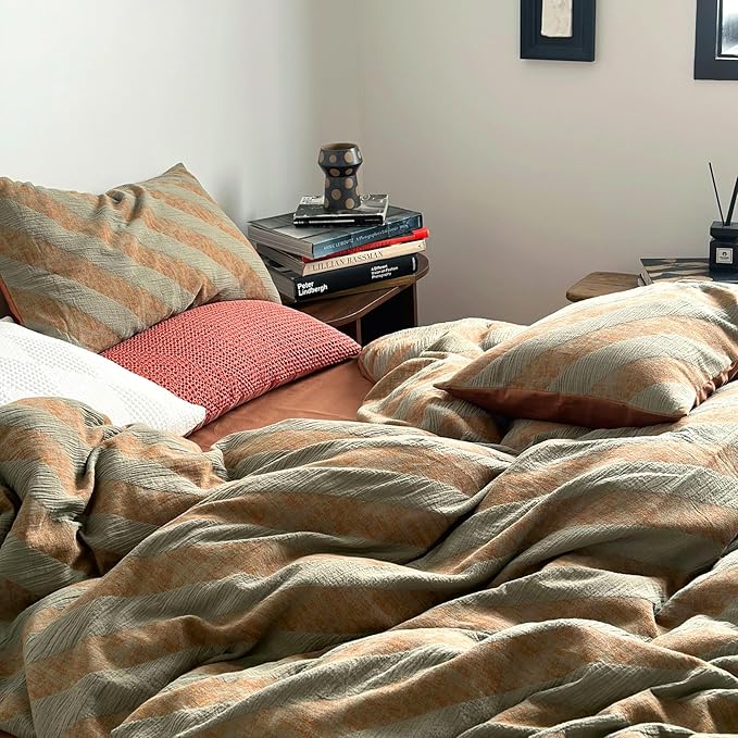 VM VOUGEMARKET Green Striped Duvet Cover Queen Linen Cotton Bedding Set Jacquard Brown Diagonal Stripes Duvet Cover Set Without Filling 90x90 Inch