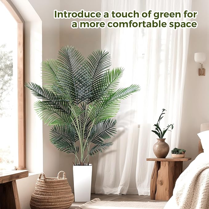Artificial Areca Palm Tree 6FT Fake Potted Plant Faux Silk Tropical Areca Palm Real Bark Design, Large Artificial Plant in Tall White Pot for Home Living Room House Warming Floor Decor