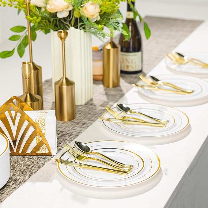 100PCS Gold Plastic Plates, Disposable Party Plates with Gold Rim, Include 50 Dinner Plate and 50 Elegant Dessert Plate for Party and Wedding