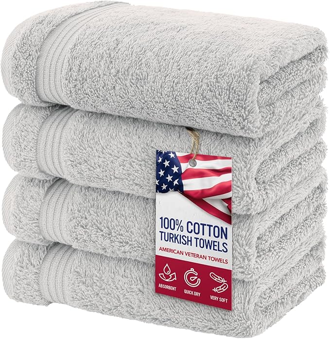 American Veteran Towel, Hand Towels for Bathroom Set of 4, 100% Cotton Turkish Hand Towel Sets Clearance Prime, Soft Drying Hand Face Towels, Silver Grey Hand Towels