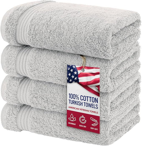 American Veteran Towel, Hand Towels for Bathroom Set of 4, 100% Cotton Turkish Hand Towel Sets Clearance Prime, Soft Drying Hand Face Towels, Silver Grey Hand Towels