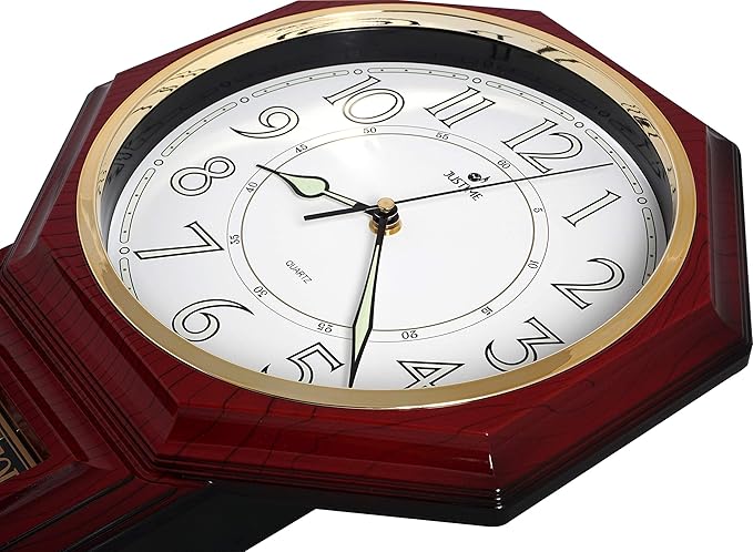 JUSTIME Traditional Schoolhouse Luminious Arabic Regulator Wall Clock, Chiming Wall Clocks with Pendulum & Westminster Chime Hourly, Schoolhouse Wall Decor Battery Operated (Red Mahogany)