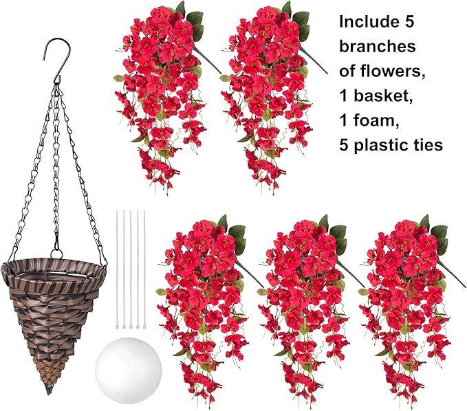Ivydale Artificial Faux Hanging Flowers Plant Baskets for Outdoors Decoration, Fake Hibiscus UV Resistance Realistic Silk Flower for Outside Home Patio Porch Balcony Garden Wedding, Red