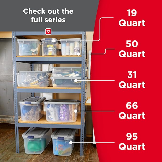 Rubbermaid Roughneck Clear 95 Qt/23.75 Gal Storage Containers, Pack of 4 with Latching Grey Lids, Visible Base, Sturdy and Stackable, Great for Storage and Organization