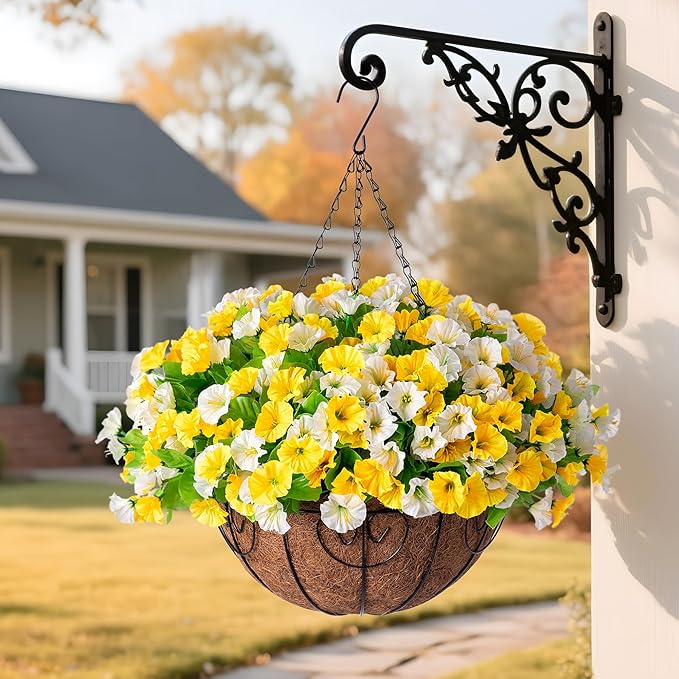 Artificial Hanging Flowers with Basket, Faux Silk Petunias Flower Arrangement, Coconut Lining with Morning Glories Fake Plants Patio Garden Porch Deck Fall Decor(Yellow and White)