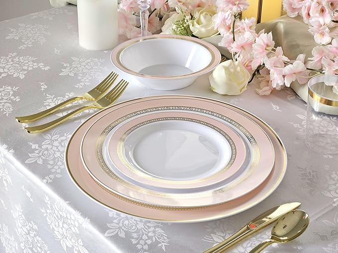 " OCCASIONS " 50 Plates Pack (25 Guests)-Heavyweight Wedding Party Disposable Plastic Plate Set -25 x 10.5'' Dinner + 25 x 7.5'' Salad/dessert plates (Ritz Blush and Gold)