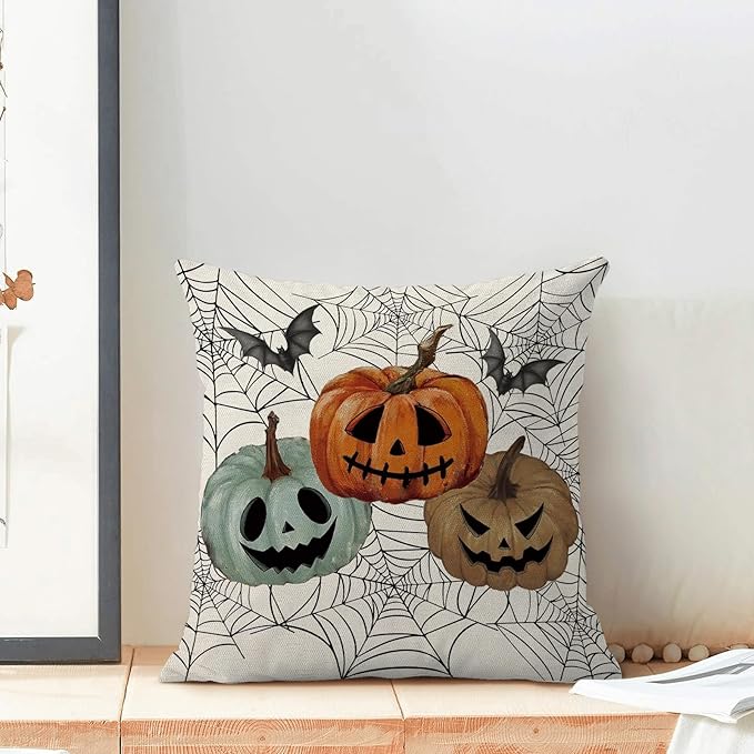 Halloween Decor Pillow Covers 18x18 Set of 2 Black Spider Web Orange Pumpkin Bat Throw Pillow Covers Outdoor Decoration Autumn Pumpkin Pillowcase Farmhouse Decorative Cushion Case for Home Sofa