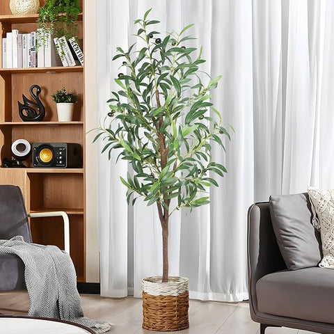 4FT Artificial Olive Tree, Faux Olive Trees 48in Outdoor Fake Potted Silk Plant with Trunk and Realistic 436 Leaves and 16 Fruits for Modern Office Home Decor Indoor 2Pack