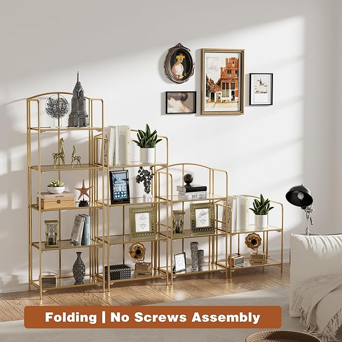 Crofy No Assembly Folding Bookshelf for Living Room, 2 Tier Gold Collapsible Book Shelf for Home Office, Portable Bookcase Storage Organizer