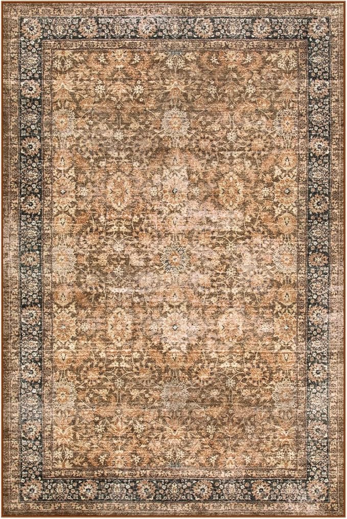 Morebes Area Rug 4x6 Vintage Washable Boho Rugs for Bedroom, Soft Living Room Carpet Non-Slip Non-Shedding Faux Wool Rug for Farmhouse Dining Room Indoor Kids Playroom, Dark Brown