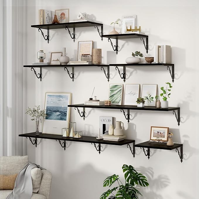 40 Inch Floating Shelves Wall Mounted, 12 Inch Deep Wall Shelves with Bracket, Rustic Hanging Bookshelf, 40" Bookshelves for for Living Room, Kitchen and Bedroom, Black, Set of 2