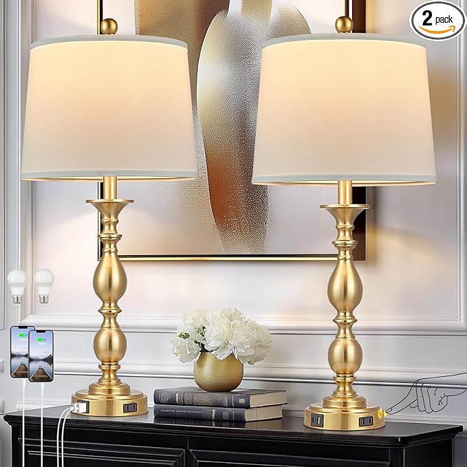 28" Tall Modern Table Lamps Set of 2 with USB C+A Ports and AC Outlet, 3 Way Touch Metal Bedside Lamps for Living Room, Gold Farmhouse Nightstand Lamps for Bedroom
