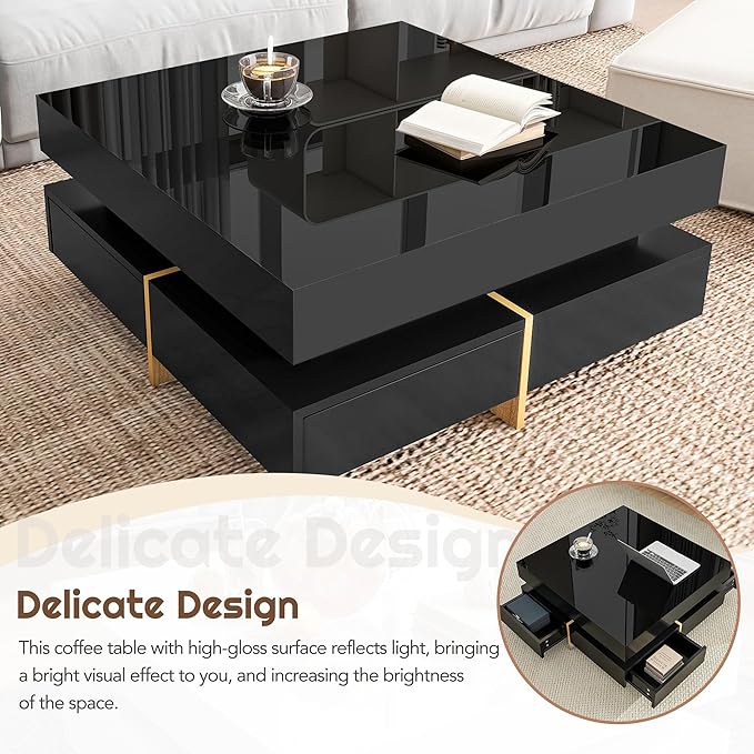 Modern Coffee Table with Storage, Contemporary Square Coffee Table with Drawers, High Gloss Modern Center Table for Living Room, Reception Room, Office, Black, 31" D X 31" W X 11" H
