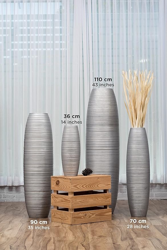 Leewadee Large Silver Home Decor Floor Vase – Wooden 34 inches Tall Farmhouse Decor Flower Holder for Fake Plant and Pampas Grass