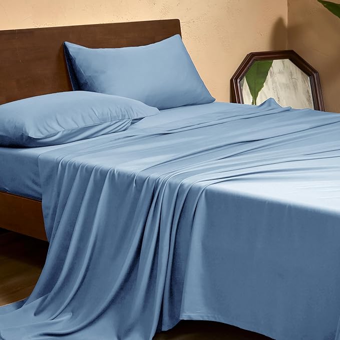 EVERLY Full Sheets Set,Luxuriously 400 Thread Count Organic Viscose Derived from Bamboo Bed Sheet,Cooling Sheets for Full Size 4 Piece Deep Pockets Bedding Sheets &Pillowcases-Sky Blue