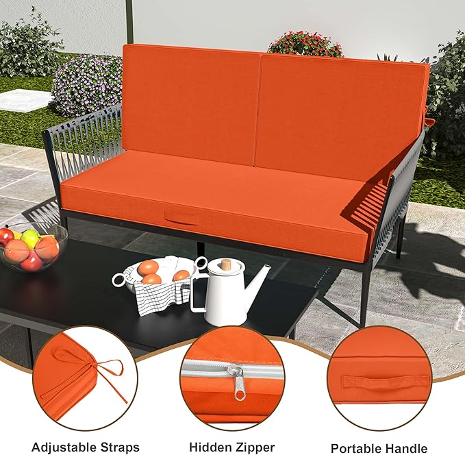 Outdoor Loveseat Cushion Set 46 x 26 Inch, Waterproof & Fade-Resistant Deep Seat Patio Cushions with Removable Cover, Ties & Hidden Zipper, Patio Love Seat Sofa Cushions for Sofa Bench Couch,Orange