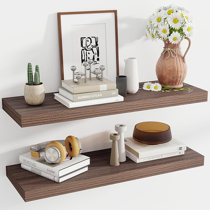 36 Inch Floating Shelves, 11.6 Inch Deep Floating Shelves for Wall, Floating Shelf with Invisible Brackets, Deep Shelves for Bathroom, Bedroom, Living Room, 2 Pack, Walnut