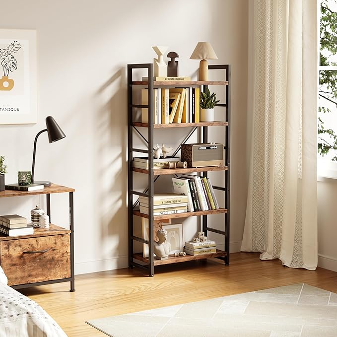 VERMESS 5 Tier Bookshelf, Tall Book Shelf, Vintage Industrial Bookcase with Open Display Shelves, Wood Storage Shelving Unit Metal Frame Standing Bookshelves for Bedroom/Home/Office, Rustic Brown
