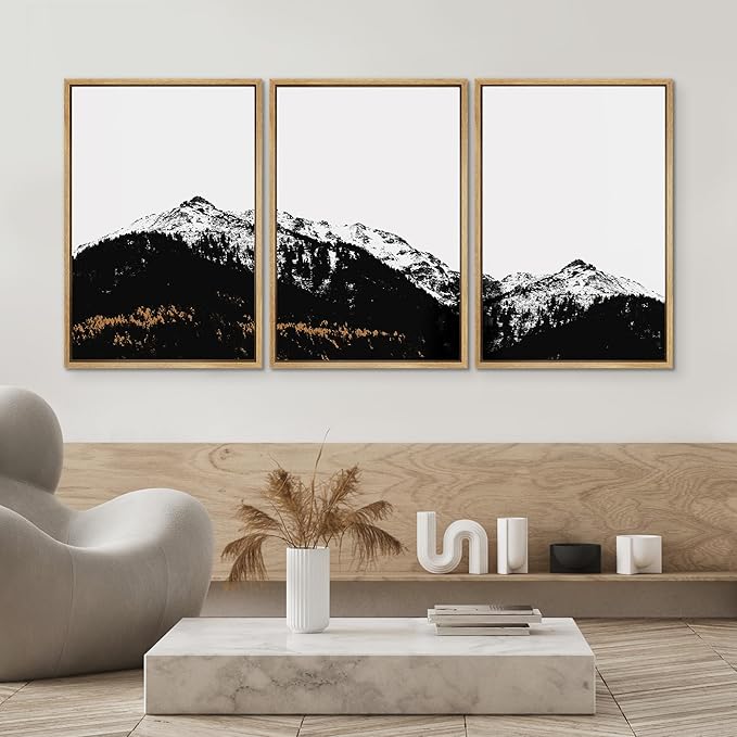 SIGNWIN 3 Piece Framed Canvas Wall Art Black and White Mountain Tops Photo Nature Wilderness Illustrations Abstract Traditional Home Artwork Decoration for Living Room,Bedroom - 16"x24"x3 Natural
