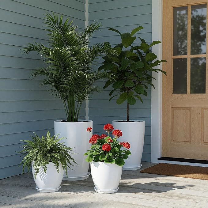 ZMTECH 24/21/12/10" H Large Plastic Planters with Drainage Hole and Saucer -Set of 4 Tall Plant Pots for Indoor & Outdoor Use,White Glossy Smooth Lightweight Flower Pot for Front Porch Patio Deck