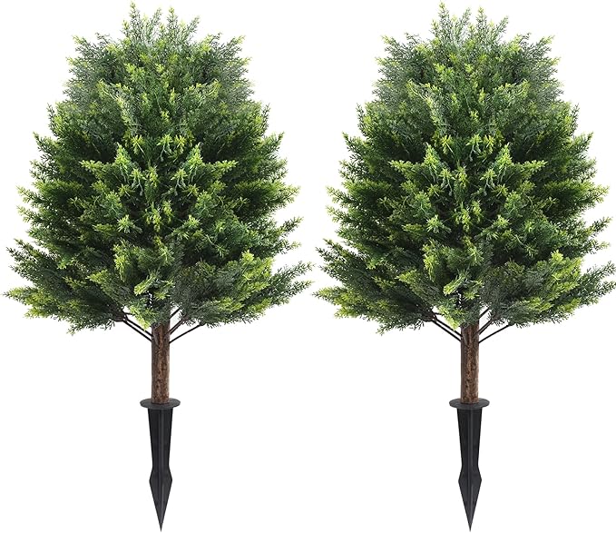 Set of 2 Pack Large Artificial Plants Cypress Topiary Tree, 39" Tall Outdoor Simulated Bushes UV Resistant with Ground Spike, Faux Cedar Shrubs for Outside, Front Porch, Home Garden Decor