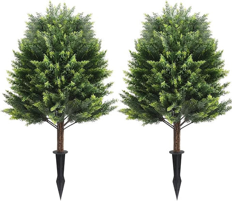 Set of 2 Pack Large Artificial Plants Cypress Topiary Tree, 39" Tall Outdoor Simulated Bushes UV Resistant with Ground Spike, Faux Cedar Shrubs for Outside, Front Porch, Home Garden Decor