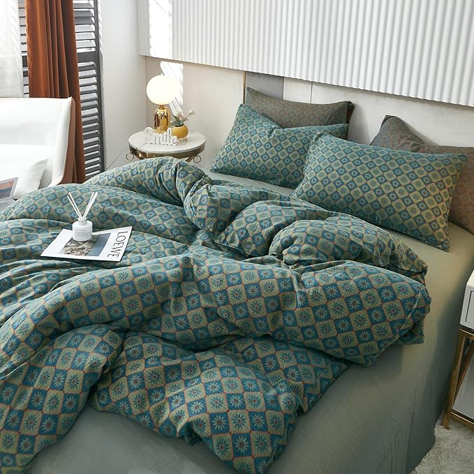 VM VOUGEMARKET Linen Cotton Duvet Cover Queen,3 Pcs Yarn-Dyed Textured Duvet Cover Set Green Flower Geometric Bedding Set,Ultra Soft and Breathable Comforter Cover Set