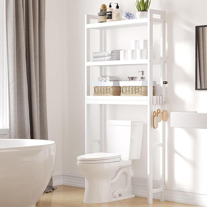 Smiry Over The Toilet Storage Cabinet, 3-Tier Bamboo Bathroom Organizers with Adjustable Shelf & 4 Hooks, Space Saving Shelf Rack for Bathrooms, Laundry Room, Balcony, White