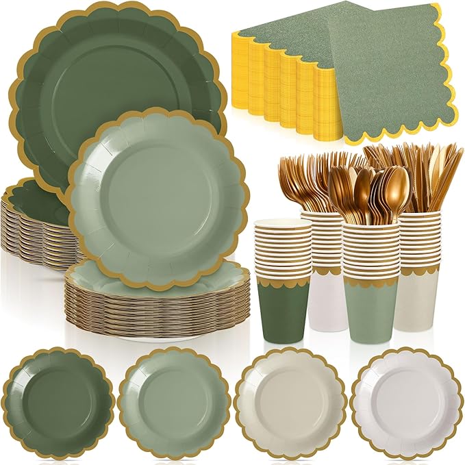 338 Pcs Sage Green Plates and Napkins Party Supplies for Guests Sage Green Tableware Include Scalloped Plates Paper Napkin Cup Spoon Fork Knife for Baby Shower, Wedding, Birthday
