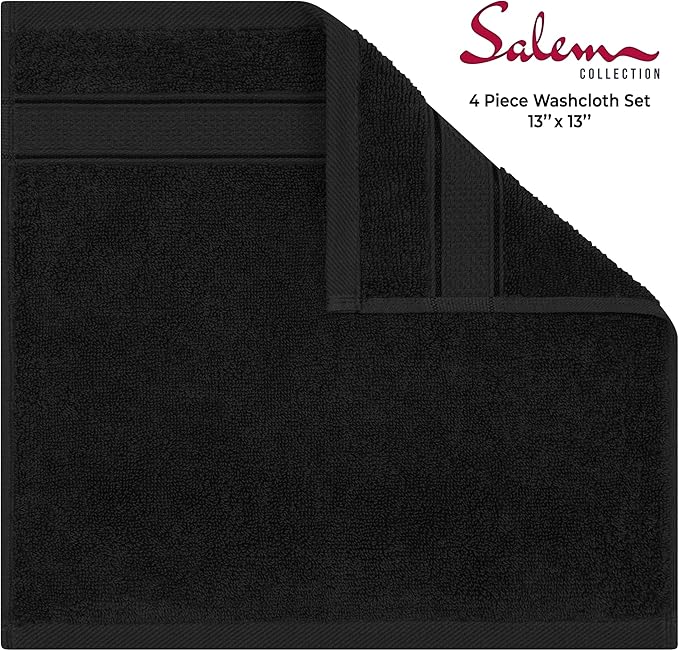 American Soft Linen Salem Washcloth Sets, 4 Piece Luxury 600 GSM 100% Cotton Washcloths for Bathroom, 13x13 inches Washrags Premium Quality Hand Face Towels, Black