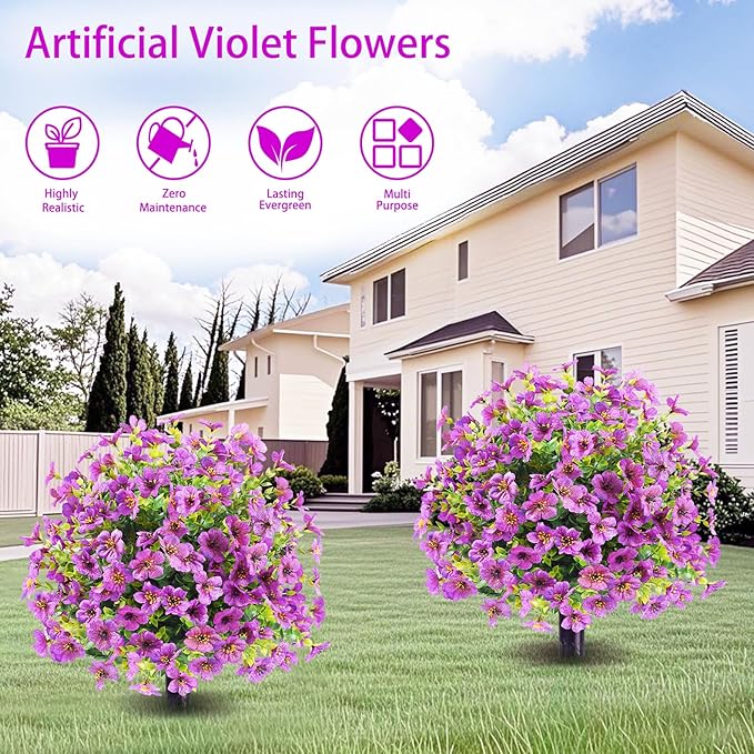 Faux Flowers for Outdoor Planters, 2Pcs Purple Lifelike Topiary Ball Tree with Ground Spike, Daisy Eucalyptus Artificial Flowers for Front Porch Decor