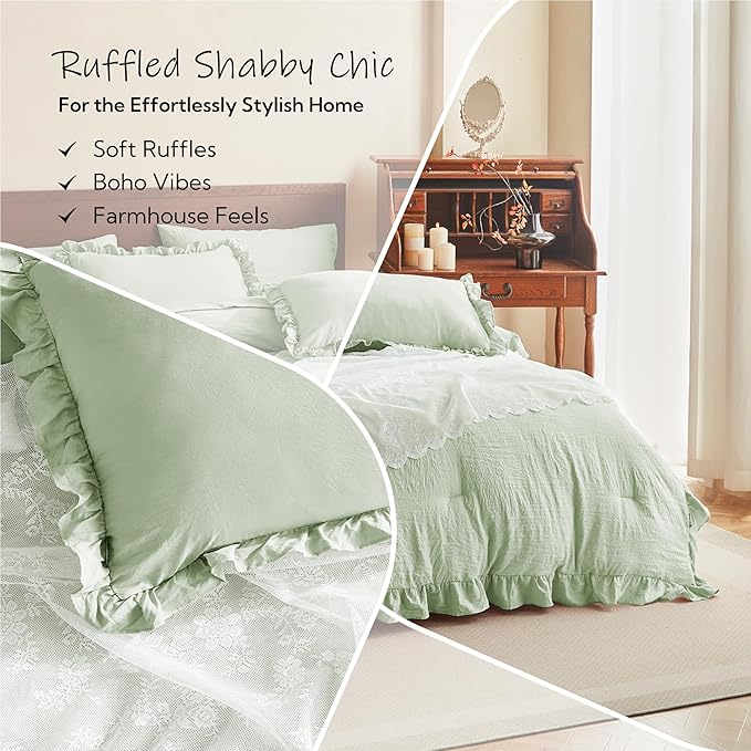 MR&HM Full Ruffle Comforter Set Light Green, Farmhouse Shabby Chic Bedding Set, Boho Bed in a Bag Set 7 Pieces with 1 Comforter, 1 Flat Sheet, 1 Fitted Sheet, 2 Pillowcases & 2 Pillow Shams
