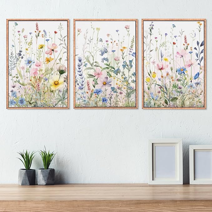 HPINUB Colorful Flower Framed Canvas Wall Art Set, Watercolor Daisy Floral Wall Decor, Wildflower Green Leaf Wall Painting, Multicolour Botanical Art Print for Living Room, Bedroom, Office - 16"x24"x3