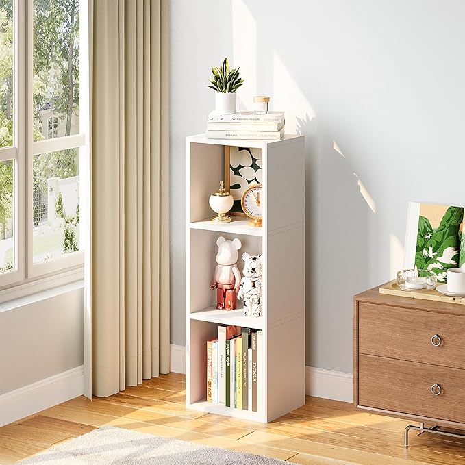 Narrow Bookshelf, 35.8" H Floor Standing Bookcase, Open Bookshelves Storage Organizer Display Shelves, Modern Corner Bookshelf Storage Cabinet for Living Room, White