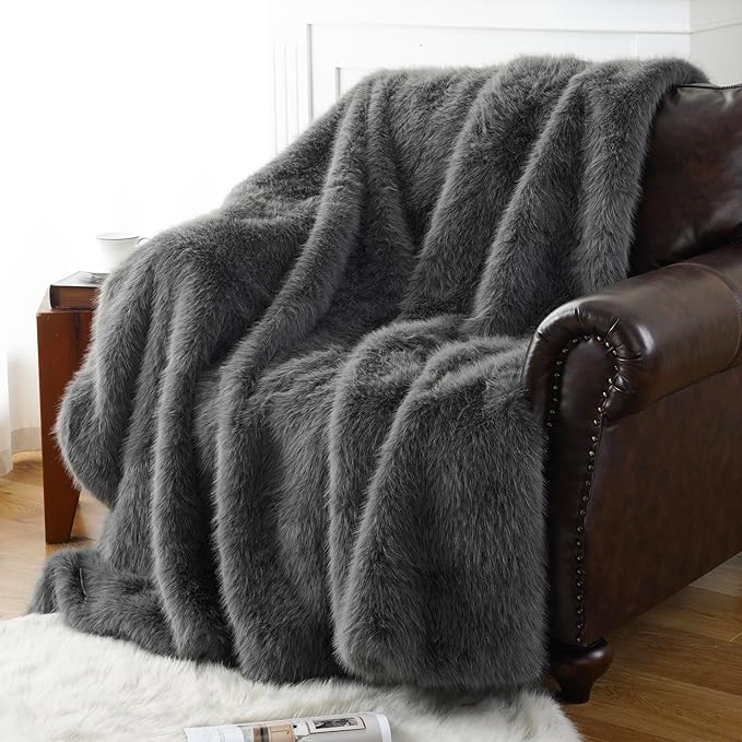 BATTILO HOME Luxury Fluffy Grey Faux Fur Throw Blanket, Cozy Warm Fur Blanket for Couch, Sofa, Chair, Bed, Plush Fuzzy Fur Throws with Long Pile, 60"x80"