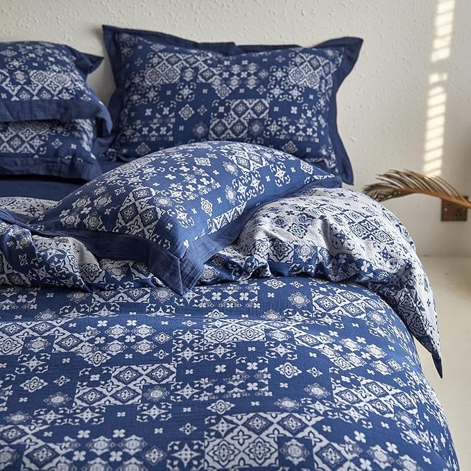 VM VOUGEMARKET Blue White Duvet Cover King Jacquard Geometric Pattern Bedding Set 3 Pieces Yarn-Dyed Cotton Boho Duvet Cover with 2 Pillow Shams