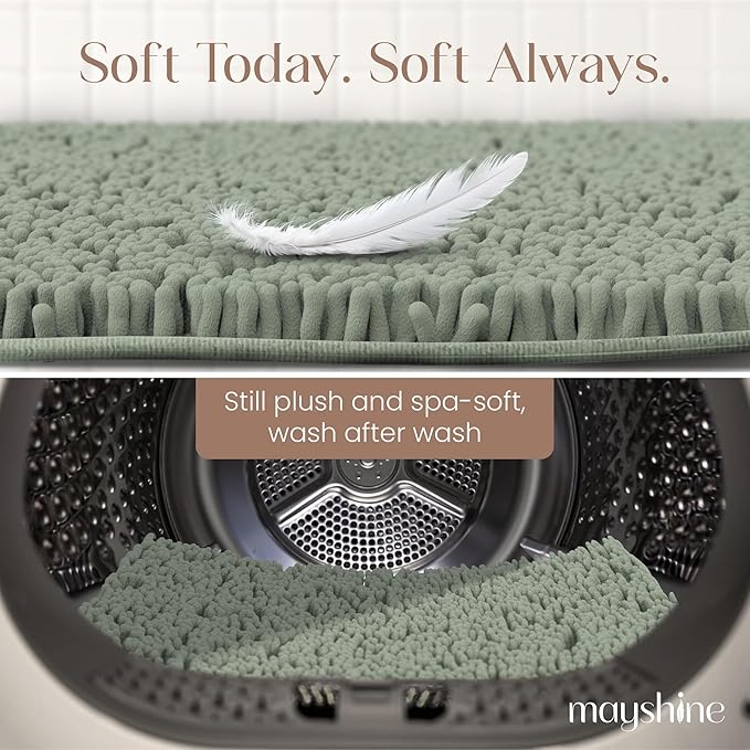 MAYSHINE Plush Shaggy Chenille Bath Mat | Extra Soft, Super Absorbent, Non-Slip Bathroom Rug | Fluffy Microfiber, Area Rug Sets for Bathroom Floor, Kitchen, Living Room | 23"x14" | Sage Green