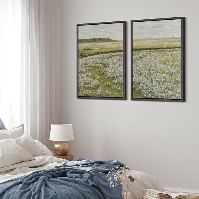 MUDECOR Framed Canvas Print Wall Art Fields of White Flowers Serene Nature for Home Decor Nature Wilderness Illustrations Realism Decorative Scenic for Living Room, Bedroom, Office - 16"x24"x2 Black