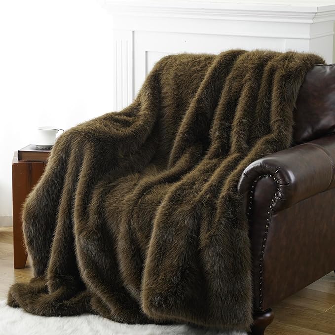 BATTILO HOME Luxury Fluffy Olive Green Faux Fur Throw Blanket, Cozy Warm Fur Blanket for Couch, Sofa, Chair, Bed, Plush Fuzzy Fur Throws with Long Pile, 60"x80"