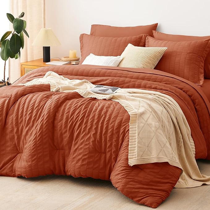 CozyLux Full Size Comforter Sets with Sheets Seersucker 7 Pieces Burnt Orange Bed in a Bag Luxury Terracotta Bedding Set with Down Alternative Comforter, Sheets, Pillowcases & Shams for All Seasons
