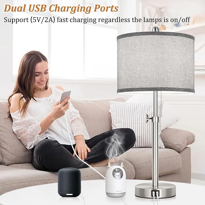 Silver Table Lamps Set of 2 for Living Room Bedroom, 23''-30'' Adjustable Height Bedside Lamps with 2 USB Ports, Industrial Nickle Nightstand Lamps with Grey Shade, Modern Lamp Sets for Home Office