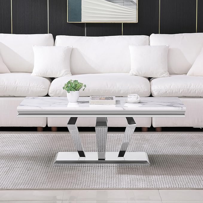 SSLine Rectangular Faux Marble Coffee Table for Living Room Modern Luxury White Marble Center Table with Silver Diamond Base 46.8" Mid-Century Cocktail Table with Mirrored Stainless Steel Frame