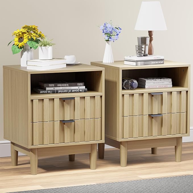 Fluted Nightstand Set of 2 with 2 Drawers, 19" Wide Night Stand with Solid Wood Legs, Open Storage Shelf, Mid Century Modern Wooden Bedside Table for Bedroom, Bed End Side Table, Oak